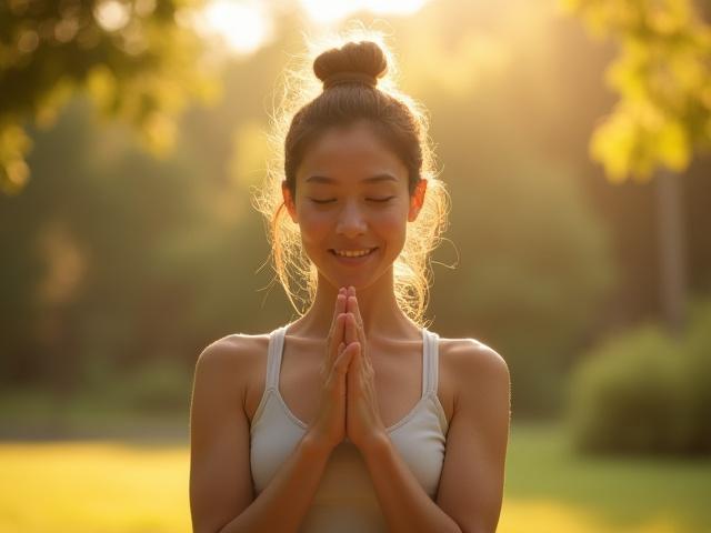 Person practicing gentle yoga or stretching in a peaceful outdoor setting