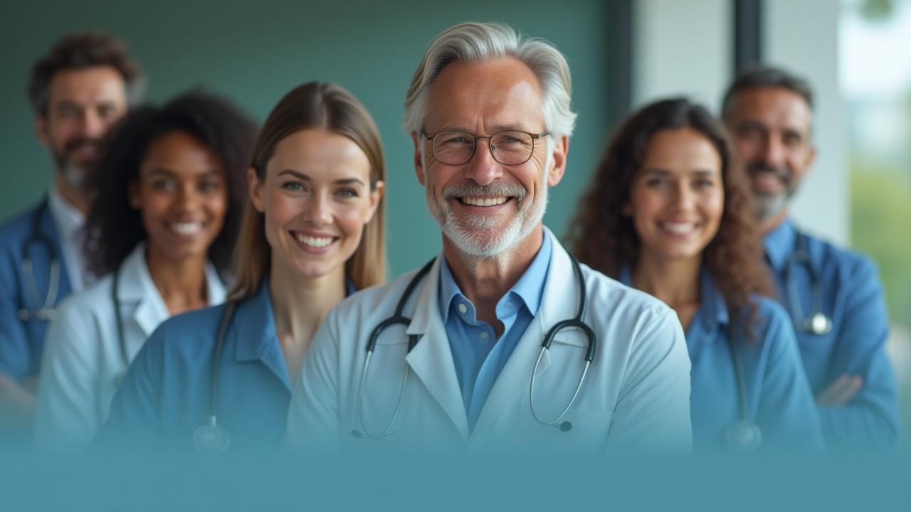 Diverse group of five smiling health professionals from various fields (dietitian, sleep specialist, fitness coach, psychologist, general practitioner) in a modern, bright office setting, looking approachable and knowledgeable, possibly engaging in a virtual call.