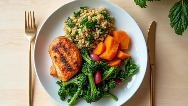 A colorful and balanced meal with fresh vegetables and lean protein, emphasizing vibrant health.