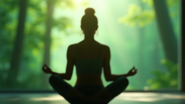 A person meditating serenely in a peaceful outdoor setting, evoking calm and stress reduction.