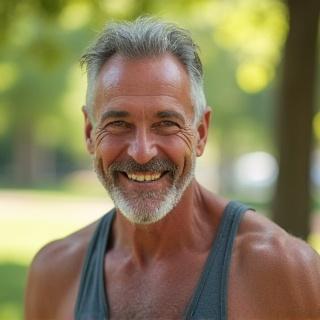 Mark, a confident 48-year-old man, smiling and looking energetic, after achieving his wellness goals.
