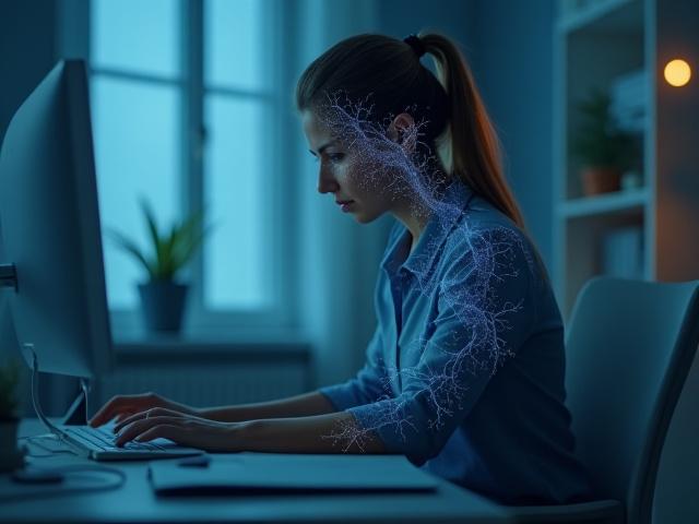 Woman looking stressed in front of a laptop, representing stress hormones.